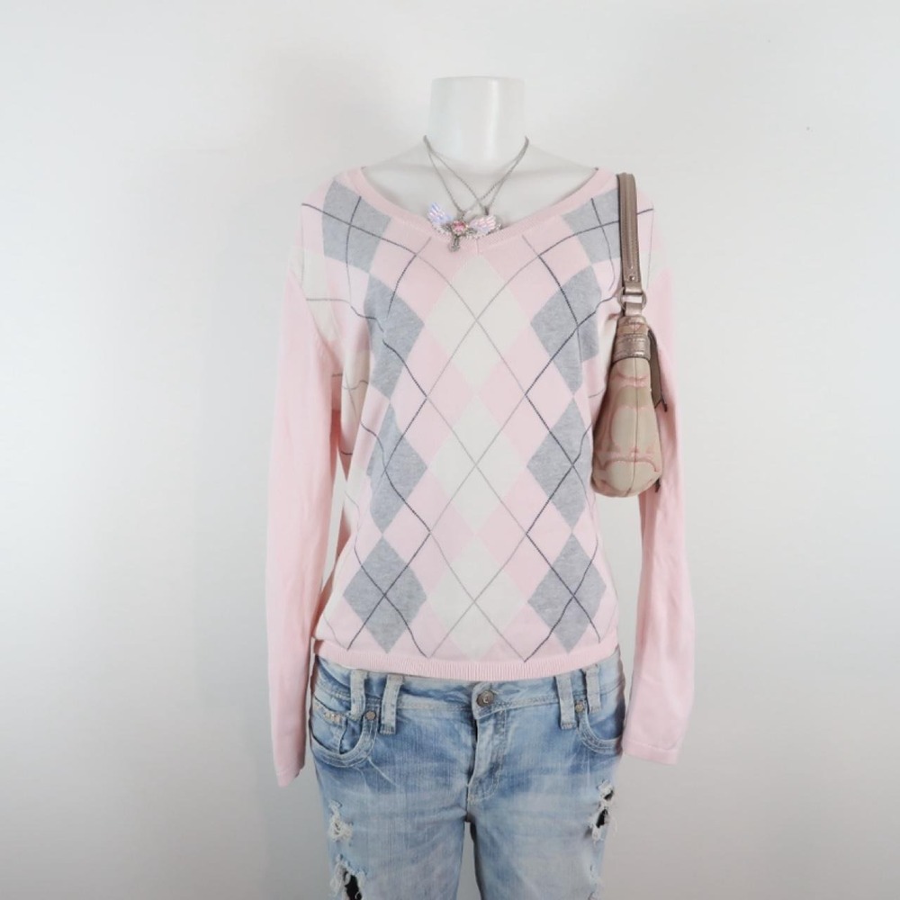 tommy hilfiger pink argyle sweater y2k - Picture 2 of 4